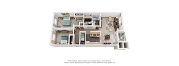 A 3D floor plan of a house with a kitchen, living room, and two bedrooms.