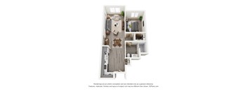 A 3D floor plan of a house with a kitchen, living room, dining room, and two bedrooms.