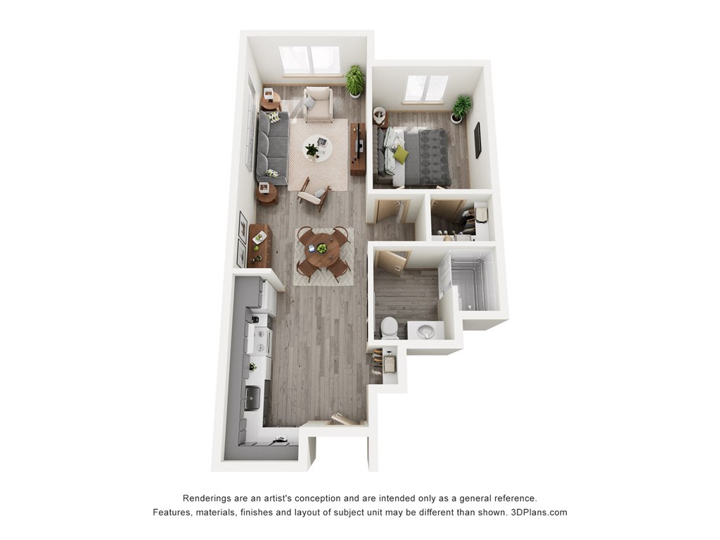 A 3D floor plan of a house with a kitchen, living room, dining room, and two bedrooms.