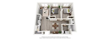 A 3D floor plan of a house with a kitchen, living room, and two bedrooms.