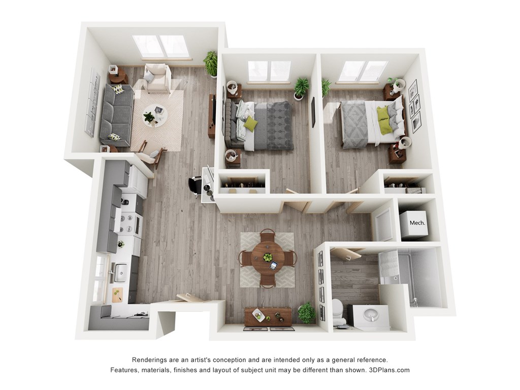 A 3D floor plan of a house with a kitchen, living room, dining room, and two bedrooms.