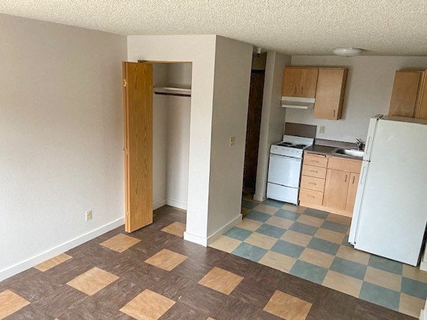 an empty kitchen with a refrigerator and a sink