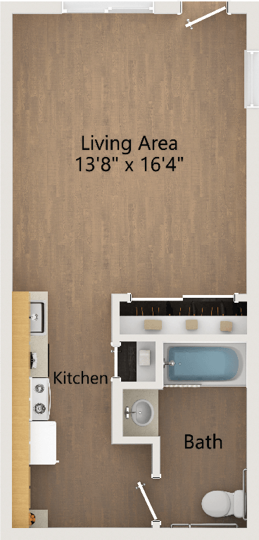 a floor plan of a living area with a bathroom and a kitchen