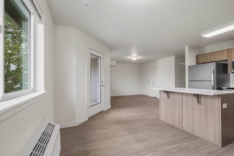 A kitchen area with a counter and cabinets.