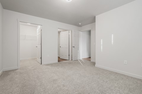 A white room with carpeted floor and three doors.