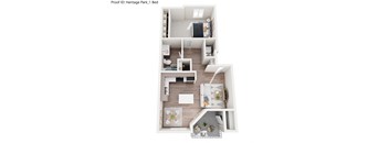 A floor plan of a bedroom with a kitchen area and a bathroom.