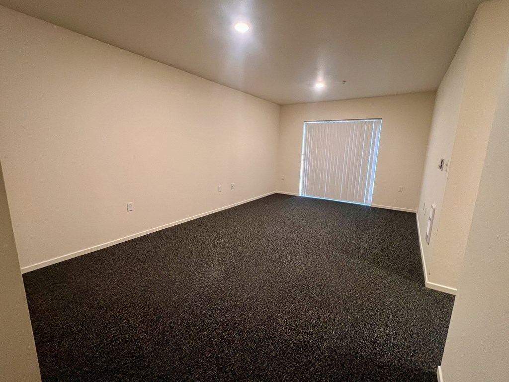 A room with a carpeted floor and a window with blinds.