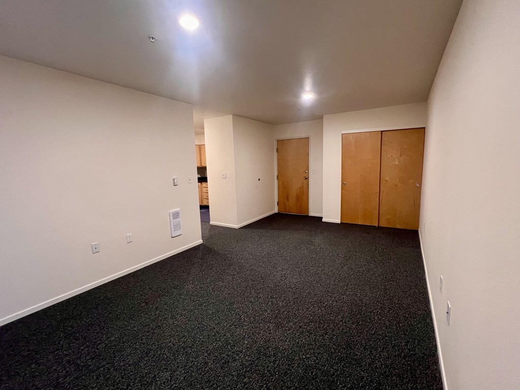A room with a black carpet and white walls.