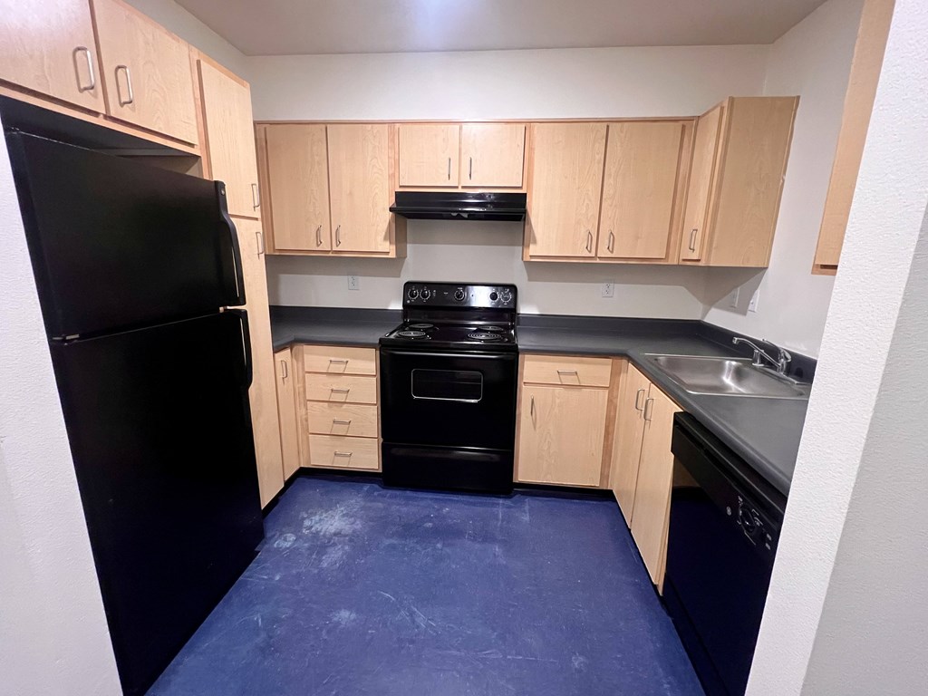 A kitchen with black appliances and wooden cabinets.