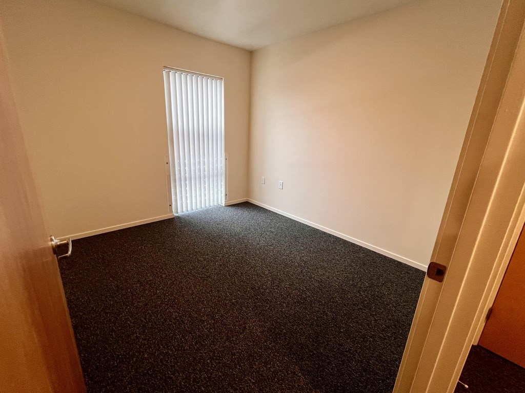 A room with a carpeted floor and a window with blinds.