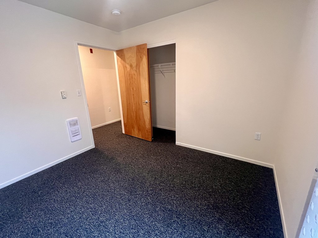 A room with a carpeted floor and a wooden door.