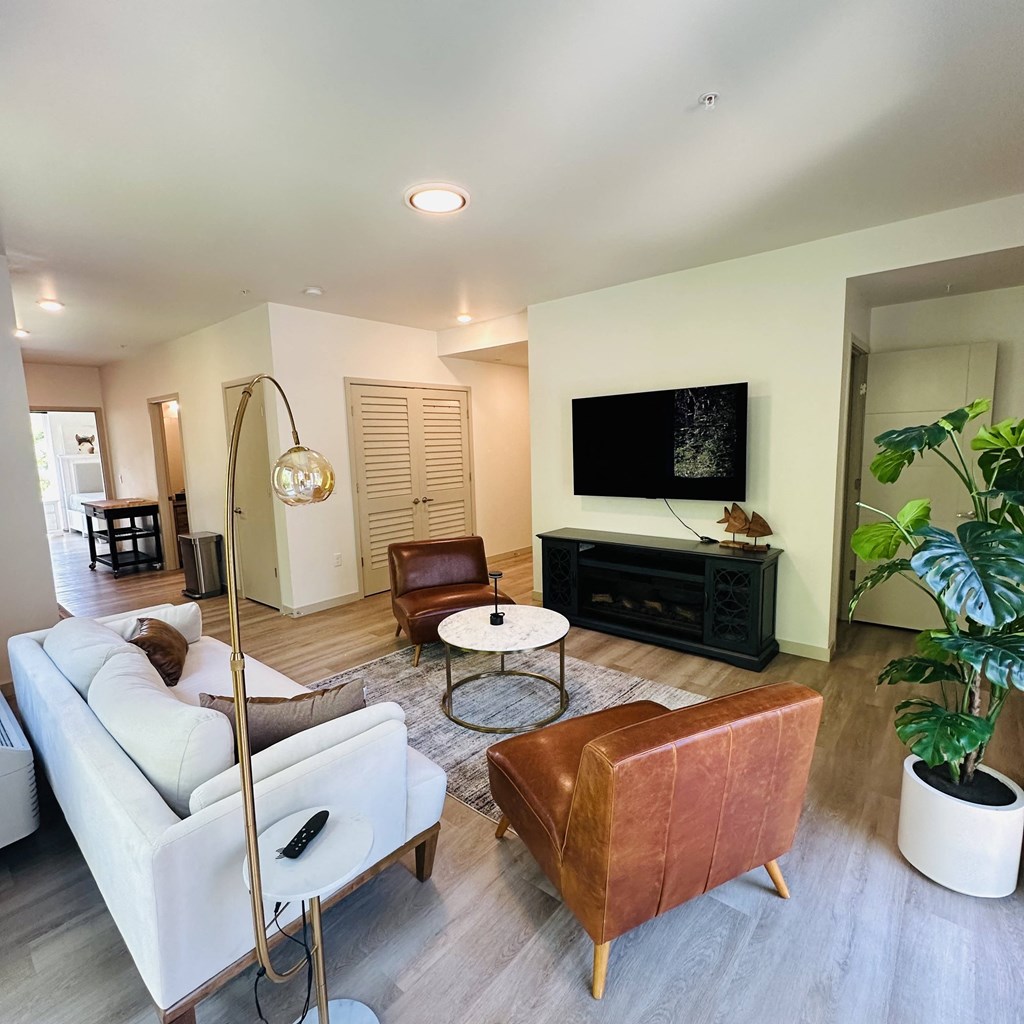 a living room with a white couch and a television
