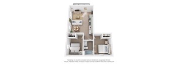 A floor plan of a two-bedroom apartment with a living room, kitchen, and bathroom.