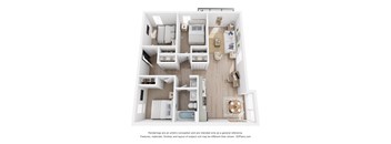 A 3D floor plan of a small apartment with a kitchen, living room, and two bedrooms.