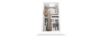 A 3D floor plan of a small apartment with a kitchen, living room, and bathroom.