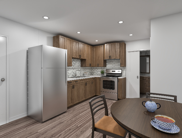 A modern kitchen with a wooden cabinetry and a refrigerator.