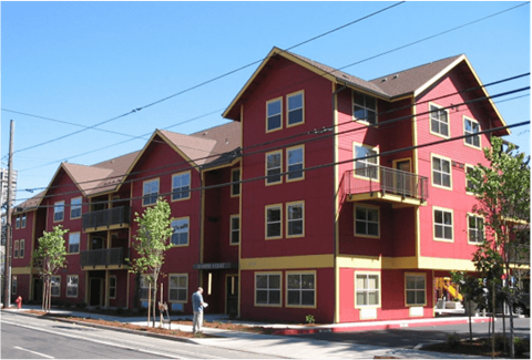 A red and yellow building with a person standing in front.