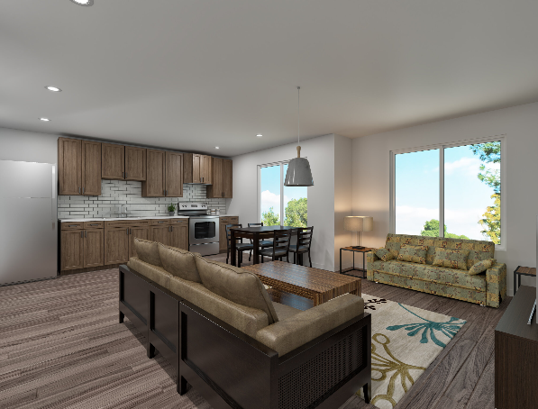 A modern living room with a brown sofa and wooden flooring.