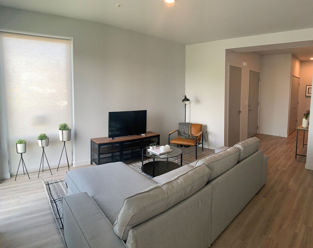 a living room with a couch and a tv