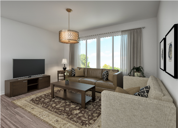 A living room with a brown sofa, a coffee table, a television, and a rug.