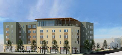a rendering of an apartment building with trees in front of it