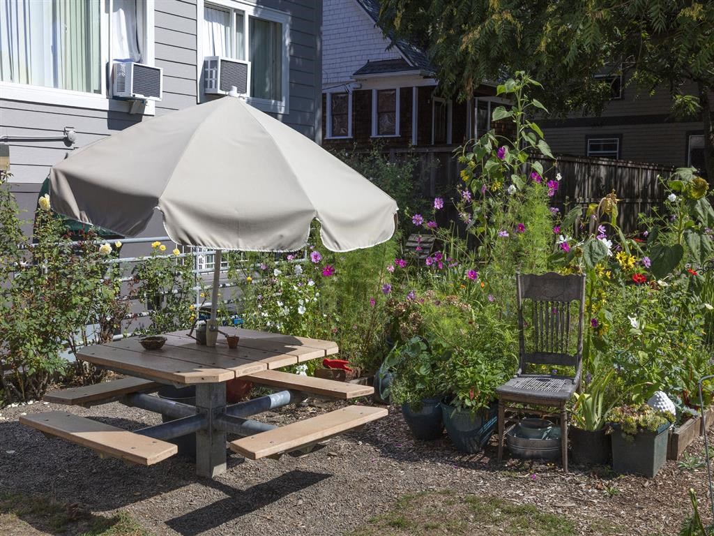 a picnic table with an umbrella in a garden