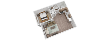 A top down view of a small apartment with a bedroom, living room, and kitchen.