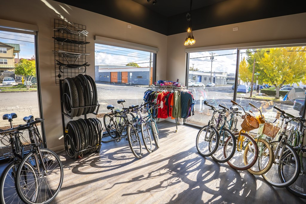 A bike shop with many bicycles on display.