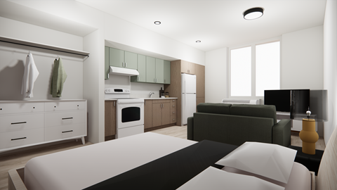 a room with a bed and a kitchen and a living room