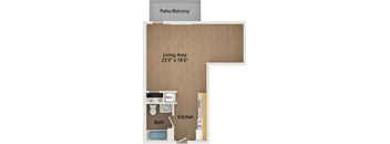 a floor plan of a living area with a bathroom and a kitchen