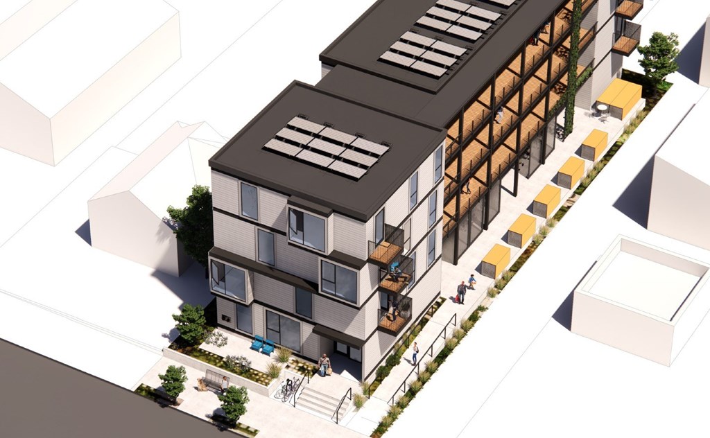 A 3D architectural rendering of a modern building with a flat roof and solar panels.