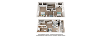 A 3D floor plan of a small apartment with two bedrooms, a living room, and a kitchen.