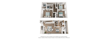 A 3D floor plan of a house with two bedrooms, a living room, and a kitchen.