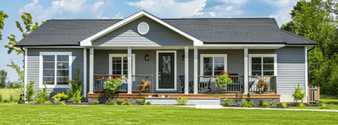 A small house with a front porch and a black door.