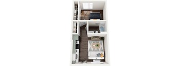 A top-down view of a small, modern apartment with a living area, kitchen, and bathroom.