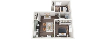 A top-down view of a modern apartment with a kitchen, living room, and bedroom.