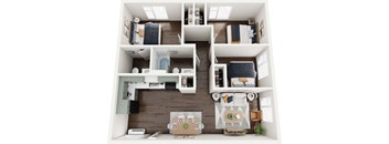 A top-down view of a small apartment with a kitchen, living room, and bedrooms.
