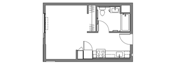 A floor plan of a room with a kitchen area and a bathroom.