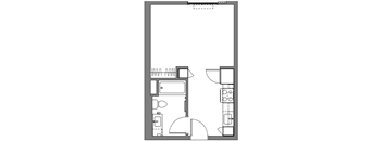 A floor plan of a room with furniture and appliances.