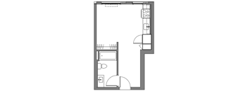 A floor plan of a kitchen with a sink, stove, and refrigerator.