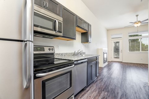 a kitchen with stainless steel appliances and black cabinets
