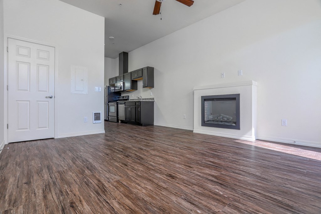 a living room with a fireplace and a kitchen