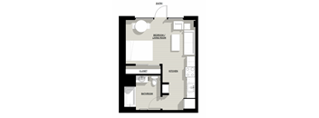 A floor plan of a small apartment with a bedroom, living room, kitchen, bathroom, and closet.