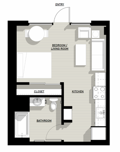 A floor plan of a small apartment with a bedroom, living room, kitchen, bathroom, and closet.