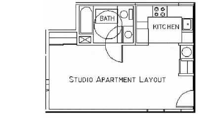 A floor plan of a studio apartment with a kitchen, bathroom, and living room.