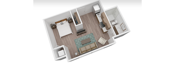A top-down view of a small, neatly organized apartment.