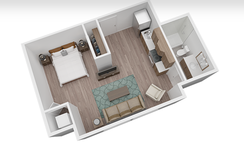 A top-down view of a small, neatly organized apartment.