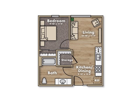 A floor plan of a small apartment with a bedroom, living room, kitchen/dining area, bathroom, and storage space.