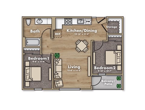 A floor plan of a living space with two bedrooms, a kitchen, and a bathroom.