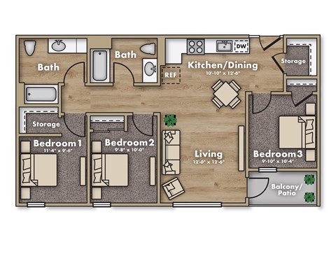 A floor plan of a home with three bedrooms, a kitchen, a dining area, and two bathrooms.